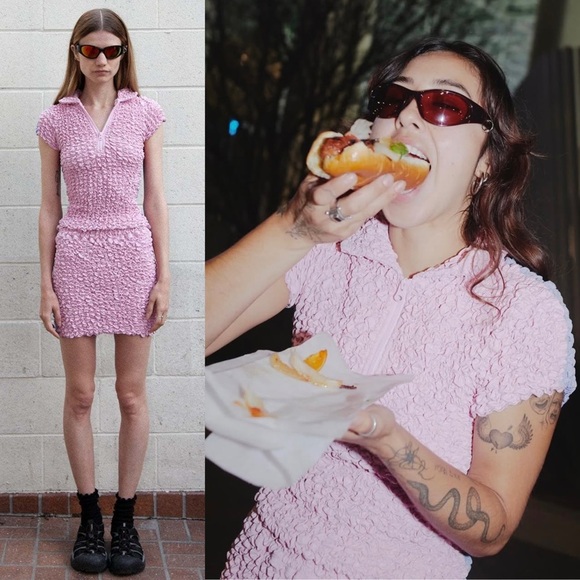 NWT KKCO Y2K Two-Tone Colorblock Smocked Stretch Popcorn Pencil Mini Skirt M - Picture 3 of 11